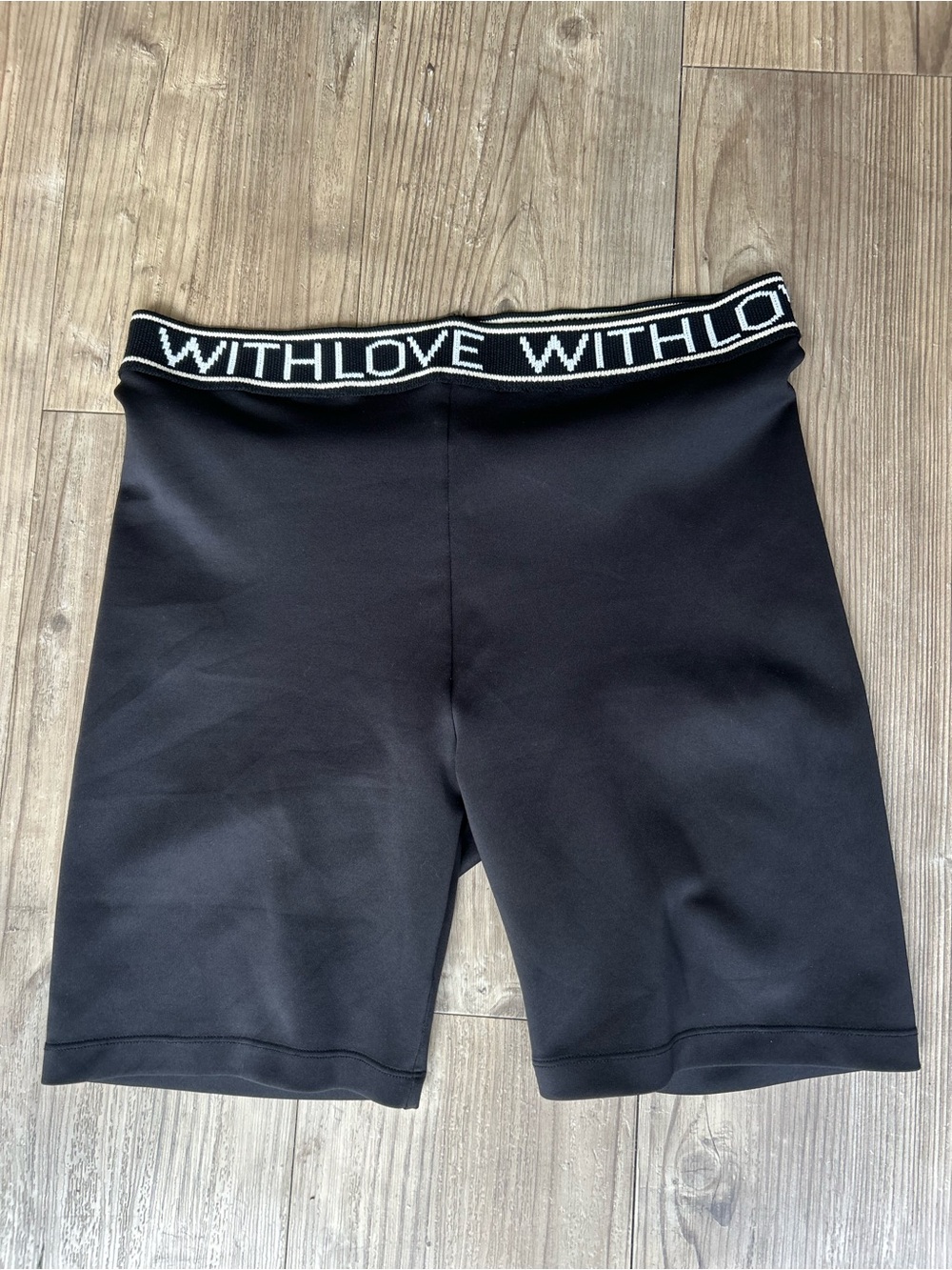 Maje black biker shorts white text logo waistband “WITH LOVE WITH LOVE". Size L